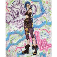 a painting of a girl with blue hair standing in front of graffiti