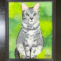 a painting of a gray tabby cat on a green background