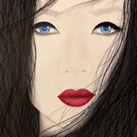a drawing of a woman with blue lips and black hair