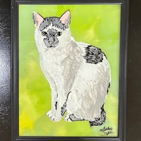 a painting of a white cat on a green background